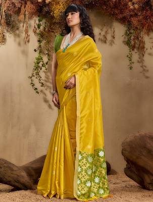 Yellow ethnic motifs woven design saree with unstitched blouse 3