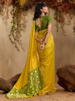 Yellow ethnic motifs woven design saree with unstitched blouse 4