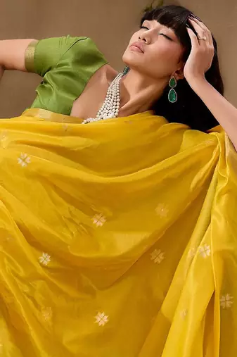 Yellow ethnic motifs woven design saree with unstitched blouse
