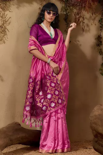 Pink ethnic motifs woven design saree with unstitched blouse
