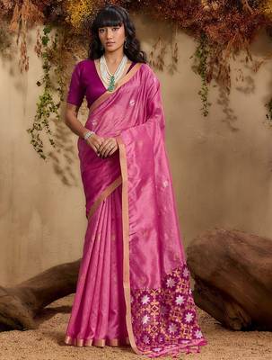 Pink ethnic motifs woven design saree with unstitched blouse 3