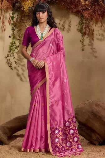 Pink ethnic motifs woven design saree with unstitched blouse
