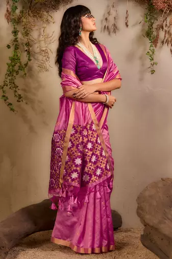Pink ethnic motifs woven design saree with unstitched blouse
