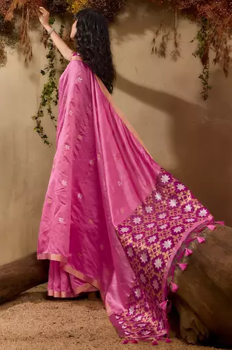 Pink ethnic motifs woven design saree with unstitched blouse