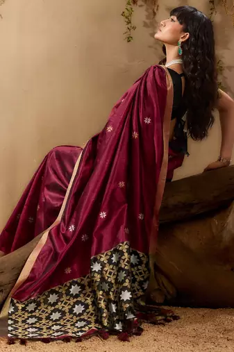Maroon ethnic motifs woven design saree with unstitched blouse