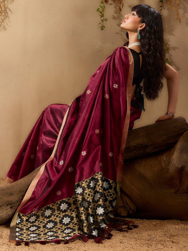 Maroon ethnic motifs woven design saree with unstitched blouse