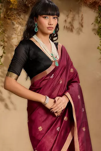Maroon ethnic motifs woven design saree with unstitched blouse