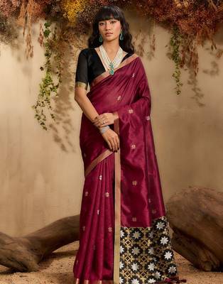 Maroon ethnic motifs woven design saree with unstitched blouse 3
