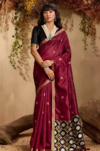 Maroon ethnic motifs woven design saree with unstitched blouse