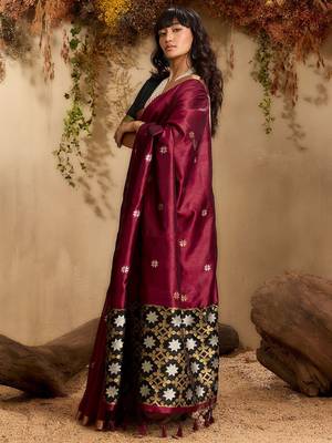 Maroon ethnic motifs woven design saree with unstitched blouse 5