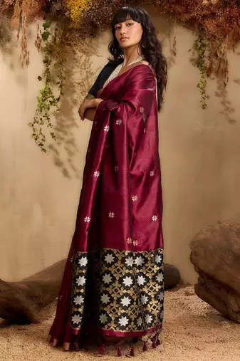 Maroon ethnic motifs woven design saree with unstitched blouse