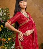 Red ethnic motifs woven design saree with unstitched blouse