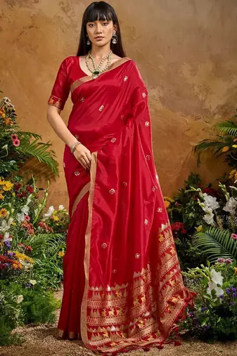 Red ethnic motifs woven design saree with unstitched blouse