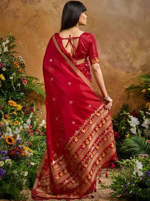 Red ethnic motifs woven design saree with unstitched blouse 3