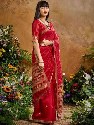 Red ethnic motifs woven design saree with unstitched blouse 4