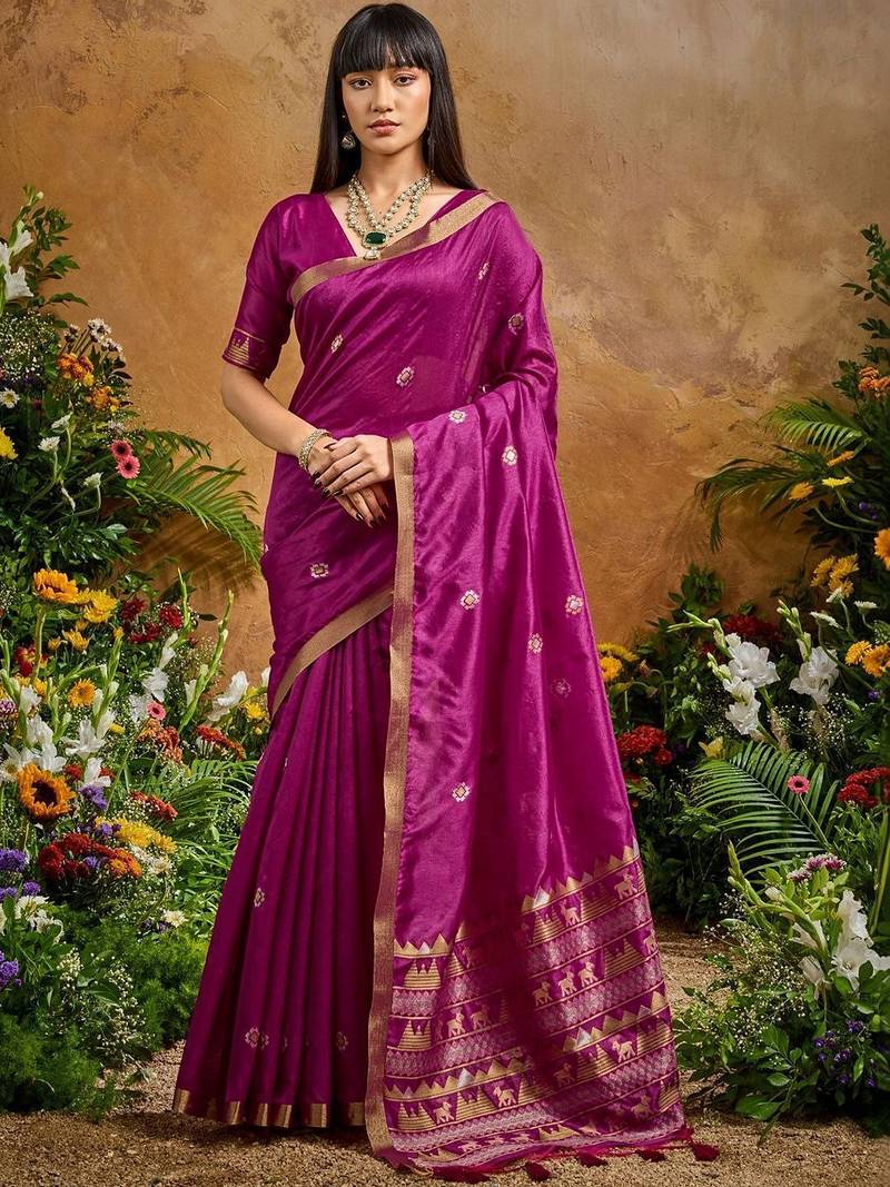 Magenta ethnic motifs woven design saree with unstitched blouse