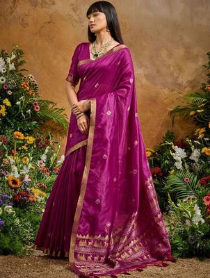 Magenta ethnic motifs woven design saree with unstitched blouse 5