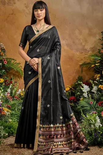 Black ethnic motifs woven design saree with unstitched blouse