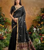 Black ethnic motifs woven design saree with unstitched blouse