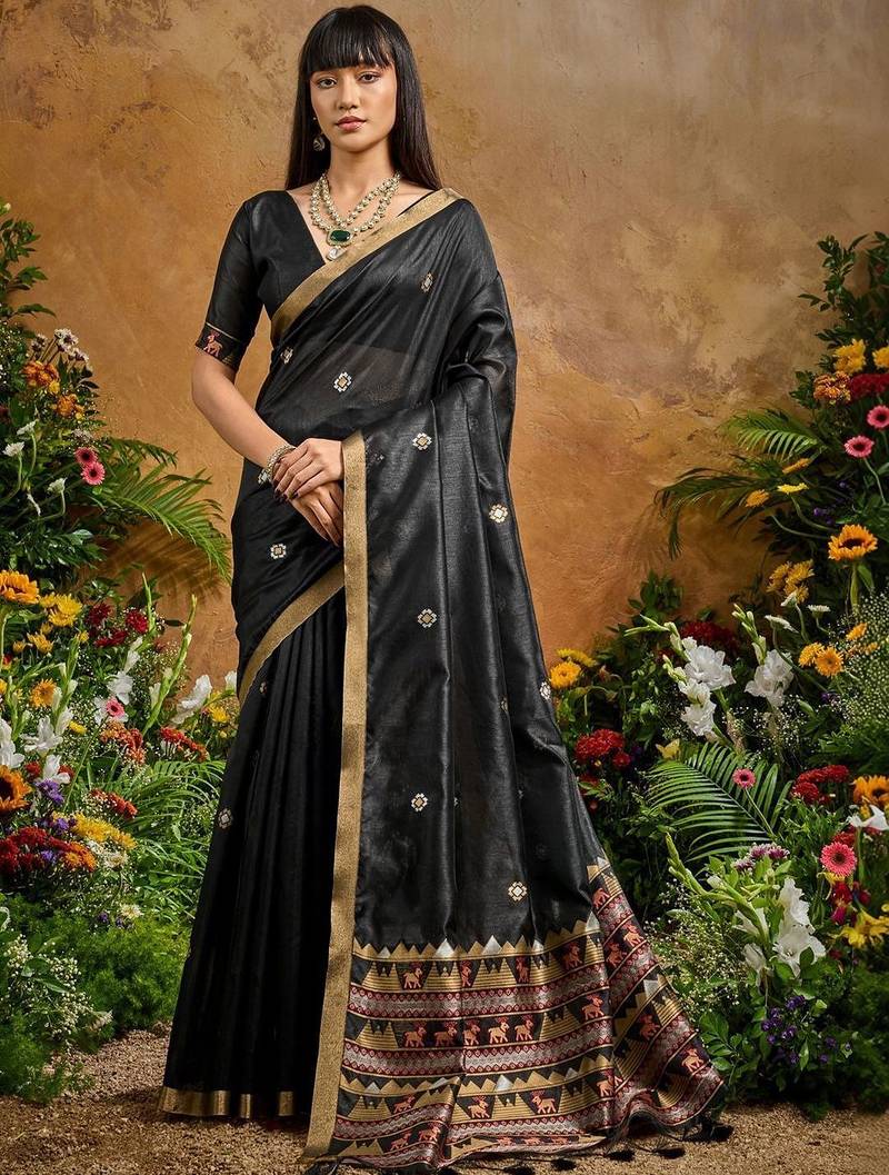 Black ethnic motifs woven design saree with unstitched blouse