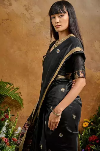 Black ethnic motifs woven design saree with unstitched blouse