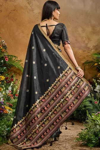 Black ethnic motifs woven design saree with unstitched blouse