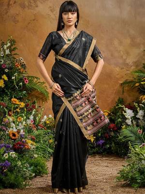 Black ethnic motifs woven design saree with unstitched blouse 4
