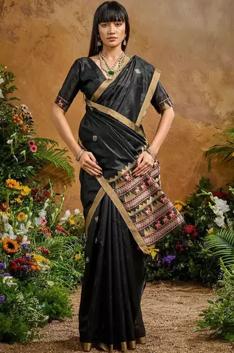 Black ethnic motifs woven design saree with unstitched blouse