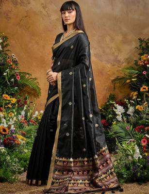 Black ethnic motifs woven design saree with unstitched blouse 5