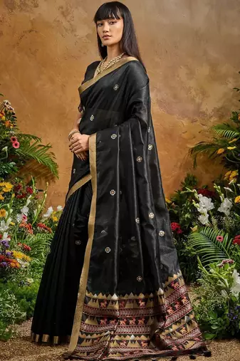 Black ethnic motifs woven design saree with unstitched blouse