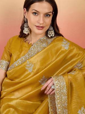 Mustard embroidered  saree with blouse piece 1