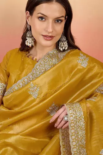 Mustard embroidered  saree with blouse piece