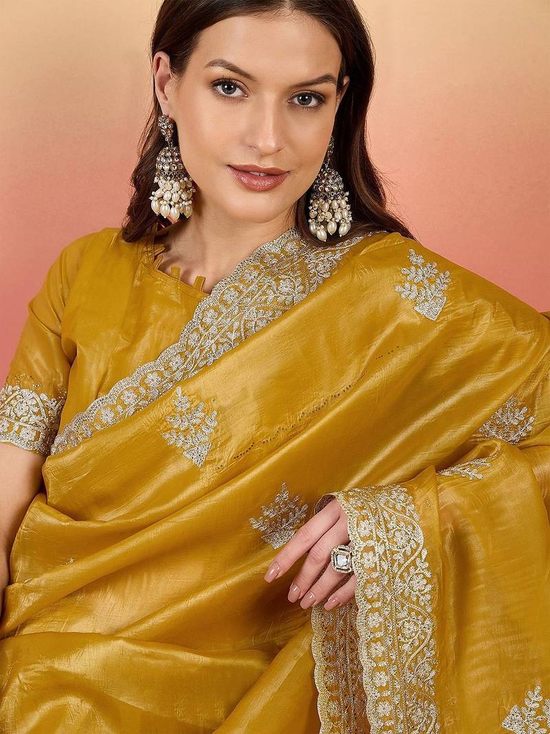 Mustard embroidered  saree with blouse piece