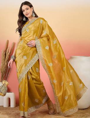 Mustard embroidered  saree with blouse piece 2