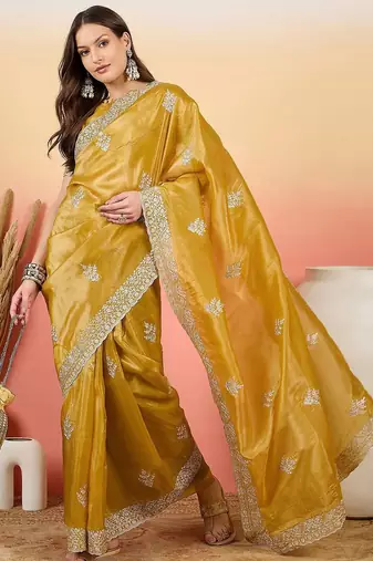 Mustard embroidered  saree with blouse piece