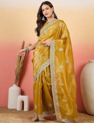 Mustard embroidered  saree with blouse piece 3
