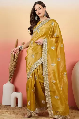 Mustard embroidered  saree with blouse piece