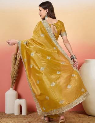 Mustard embroidered  saree with blouse piece 4