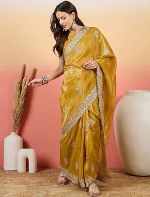 Mustard embroidered  saree with blouse piece 5