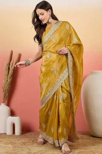 Mustard embroidered  saree with blouse piece