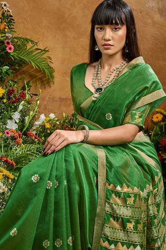 Green ethnic motifs woven design saree with unstitched blouse