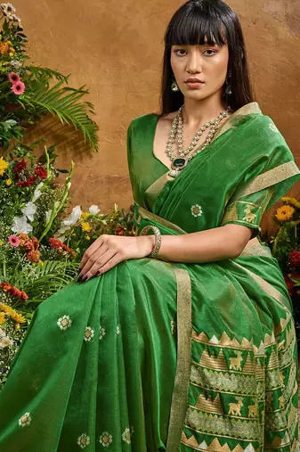 Green ethnic motifs woven design saree with unstitched blouse