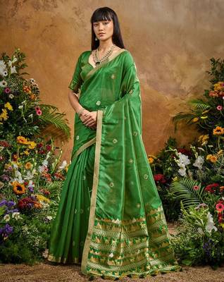 Green ethnic motifs woven design saree with unstitched blouse 2