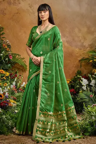 Green ethnic motifs woven design saree with unstitched blouse