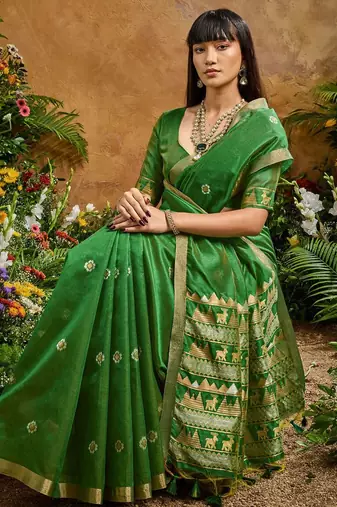 Green ethnic motifs woven design saree with unstitched blouse