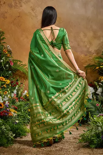 Green ethnic motifs woven design saree with unstitched blouse