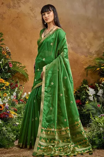 Green ethnic motifs woven design saree with unstitched blouse