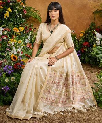 Cream ethnic motifs woven design saree with unstitched blouse 1