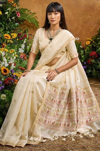 Cream ethnic motifs woven design saree with unstitched blouse