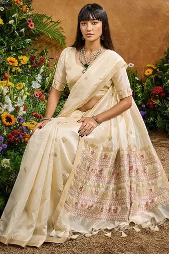 Cream ethnic motifs woven design saree with unstitched blouse